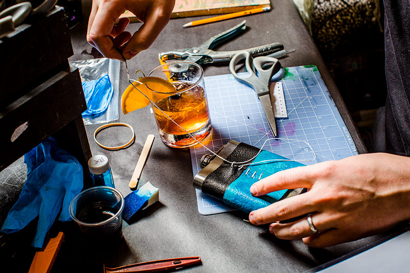 Making a Custom Leather Flask at Upstairs Circus DIY Workshop Bar
