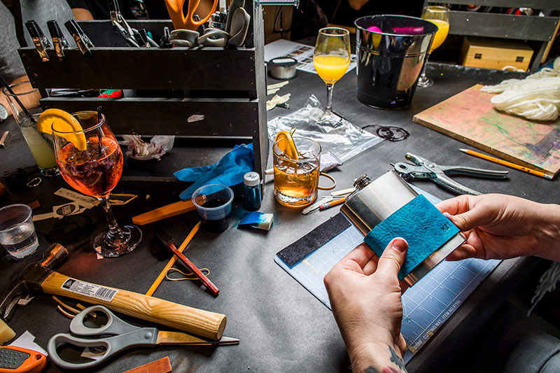 Making a Leather Flask at Upstairs Circus DIY Bar